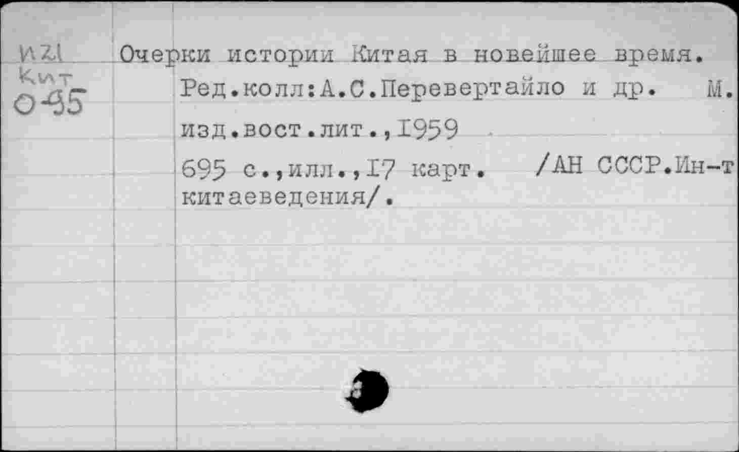 ﻿Кит
Очерки истории Китая в новейшее время.
Ред.колл;А.С.Перевертайло и др. М.
изд.вост.лит.,1959
695 с.,илл., 1'7 карт. /АН СССР.Ин-т китаеведения/.